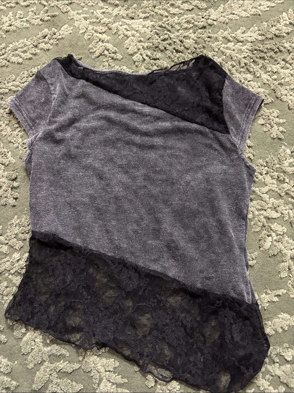 SHEIN Gray Short Sleeve Tee with Black Lace Insets